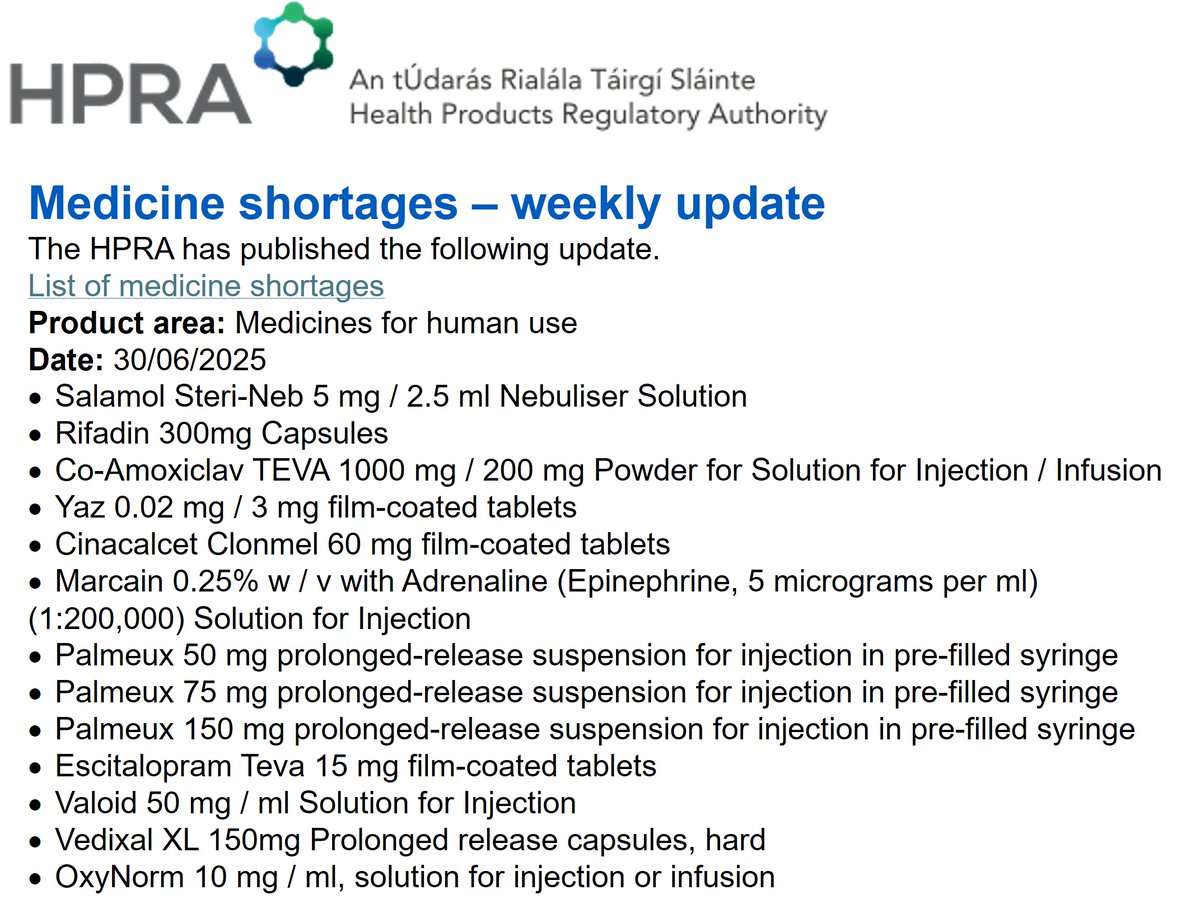 FormularyIE's tweet image. HPRA Medicine Shortages 30/06/2025
@drbosheaGP @dalekboy @GpTrainees @corkGPtraining @gpportmarnock @_johndunne @carlowGPfaculty @ICGPnews @CorkFaculty @icgpnegs @icgp
@RCSI_GP @WalleyRay
@modohertympsi1 @QueenAlocin @ConefreyPharmac @McCartansPharma @AllcareIreland