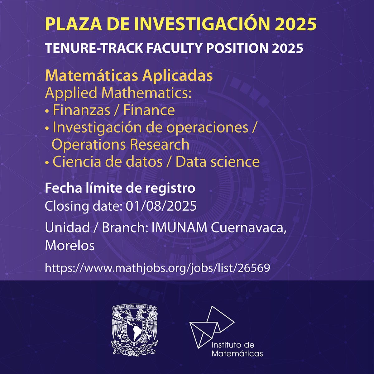 🔴📢Les recordamos que sigue abierta esta convocatoria para postularse a una plaza en #Cuernavaca en el área de matemáticas aplicadas antes⚠️ del 1 de agosto de 2025