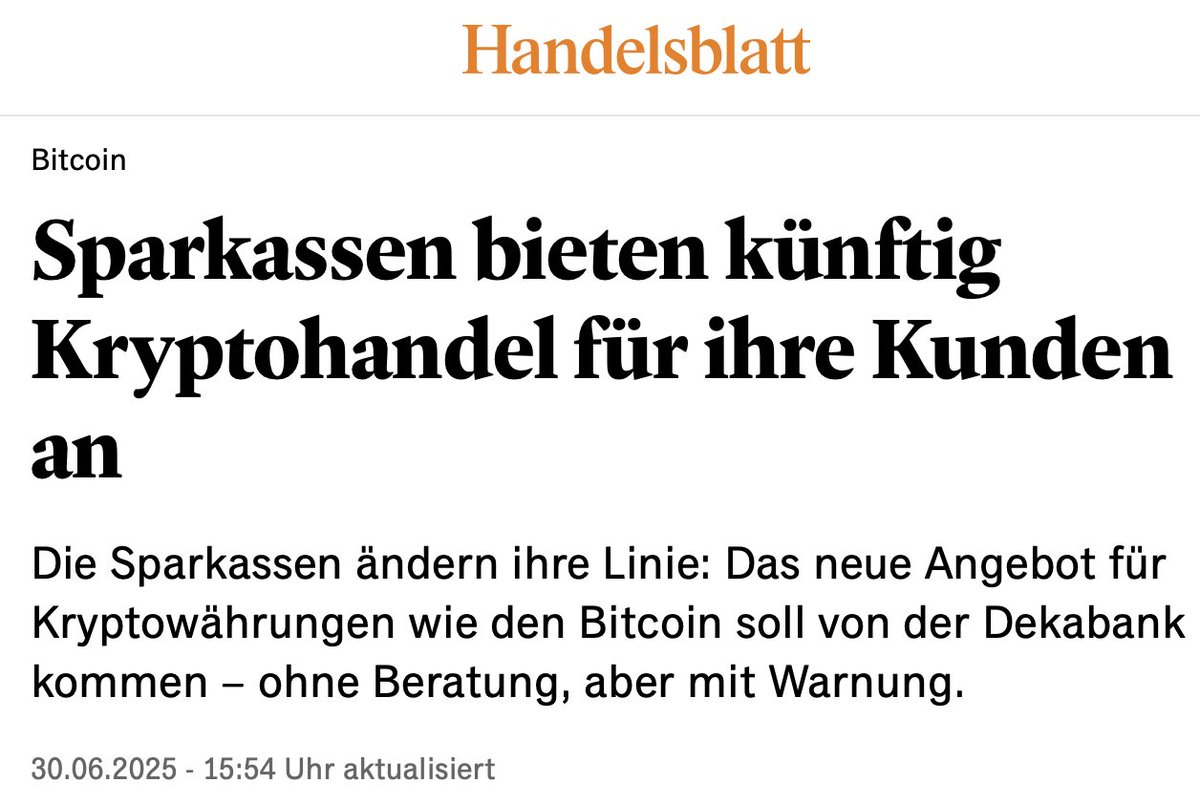 Die <a href="/sparkasse/">Sparkasse</a> wird in Deutschland innerhalb der nächsten 12 Monaten in den Handel und die Verwahrung von #Bitcoin einsteigen!

Die Umsetzung soll über die <a href="/DekaBank/">Deka</a> erfolgen, welche bereits über eigene Kryptoverwahrlizenz verfügt.

Was lange währt...

Nothing stops this train🚅