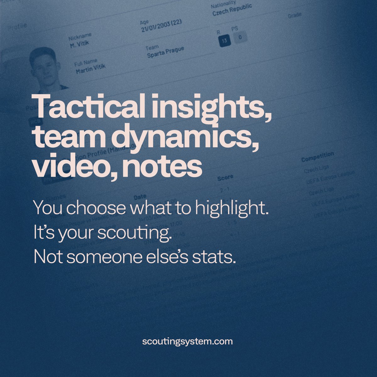 ScoutingSystem's tweet image. Your scouting. Your club. Your data.

At Scouting System, we give you a fully customizable platform to highlight what truly matters.

🧠 Your football intelligence leads the way.

📥 Talent is everywhere. Get it first.

More info ➡️ scoutingsystem.com

#scouting @branditdms