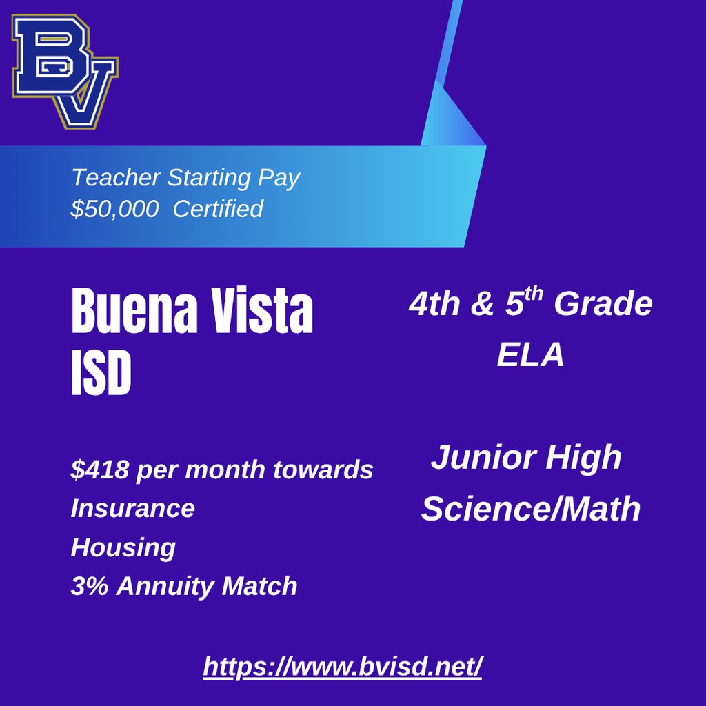 Buena Vista is looking for two more highly qualified teachers. Starting pay for certified is $50,000 plus based on experience. Apply online or Email Superintendent at apeters@bvisd.esc18.net.