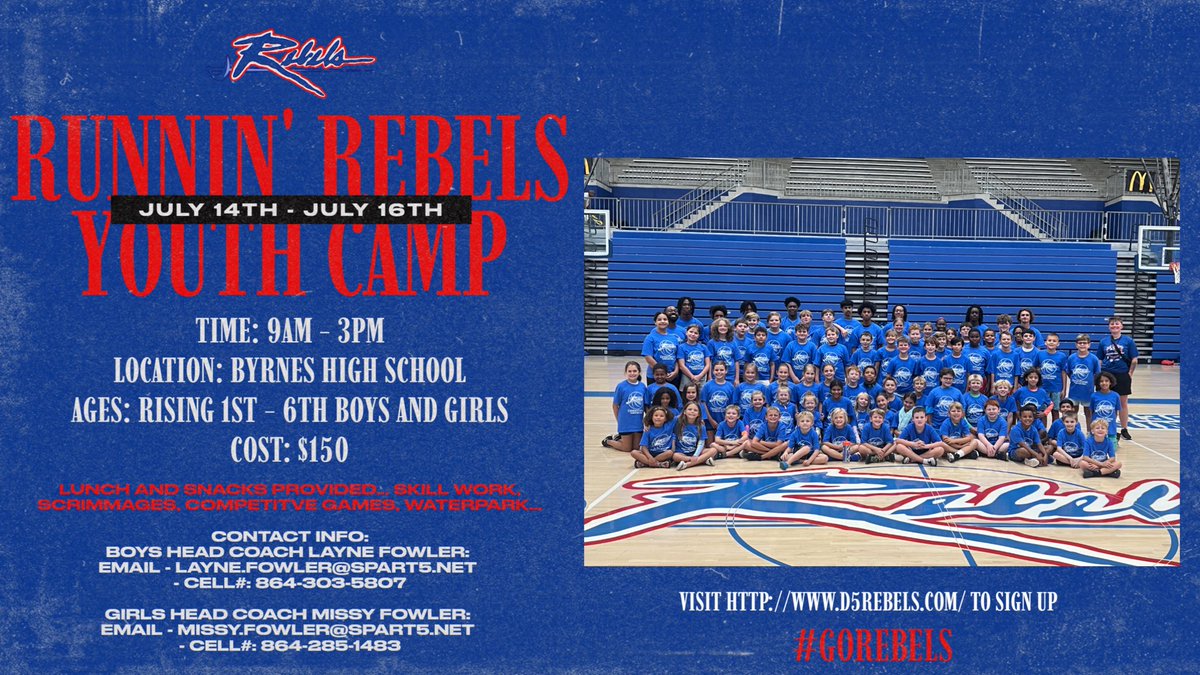 Byrnes Runnin Rebels (@bhsrunninrebels) on Twitter photo Runnin Rebels youth 🏀 Camp in 2 weeks! Get your kids signed up to develop, compete, and have a lot of fun!! Runnin Rebels youth 🏀 Camp in 2 weeks! Get your kids signed up to develop, compete, and have a lot of fun!!