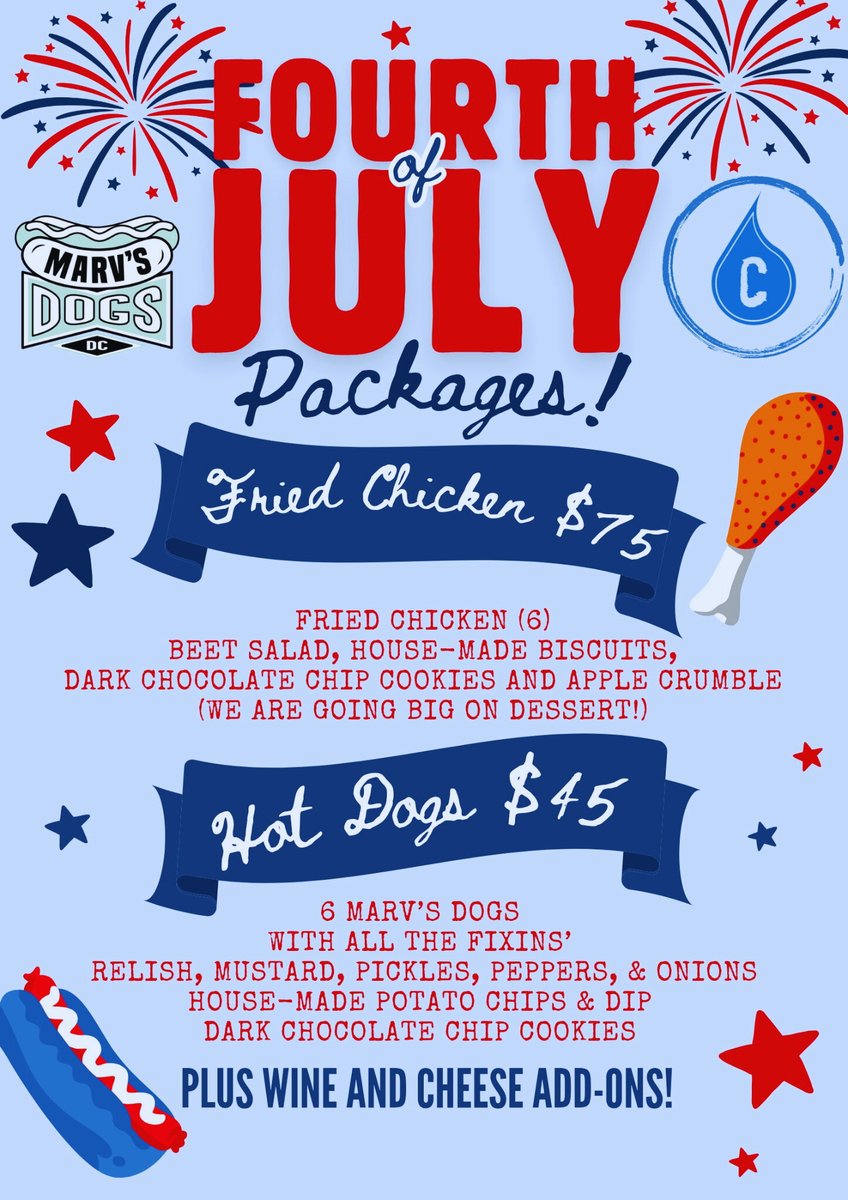 Cork's #July4th Party Packages.
#FriedChicken Lip Smackin - $75
Marv's Your #Dawg - $45
Order Here - shorturl.at/7PUVz
#independenceday2025