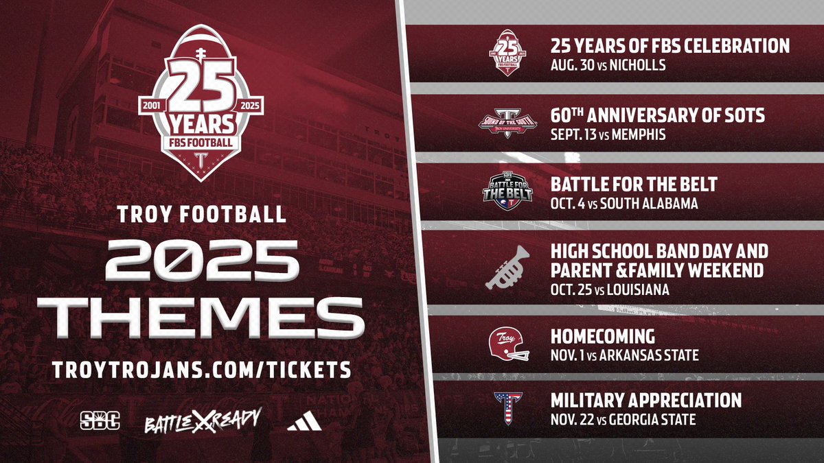 TroyAthletics's tweet image. 𝗖𝗘𝗟𝗘𝗕𝗥𝗔𝗧𝗜𝗡𝗚 𝟮𝟱 𝗬𝗘𝗔𝗥𝗦 𝗜𝗡 𝗧𝗛𝗘 𝗙𝗕𝗦
Celebrate our twenty-fifth season in FBS with a magical year planned at The Vet!
Football season tickets are on sale now! Plans start as low as $75. Purchase your tickets today at TroyTrojans.com/Tickets
#OneTROY⚔️🏈