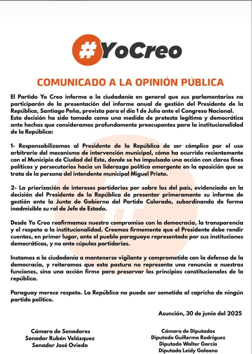 LEGISLADORES DE "YO CREO" NO PARTICIPARÁN DEL INFORME PRESIDENCIAL Los senadores, Rubén Velázquez y José Oviedo, y tres diputados del Partido Yo Creo informan que no participarán mañana de la sesión del Congreso para escuchar el informe del pdte Santiago Peña.