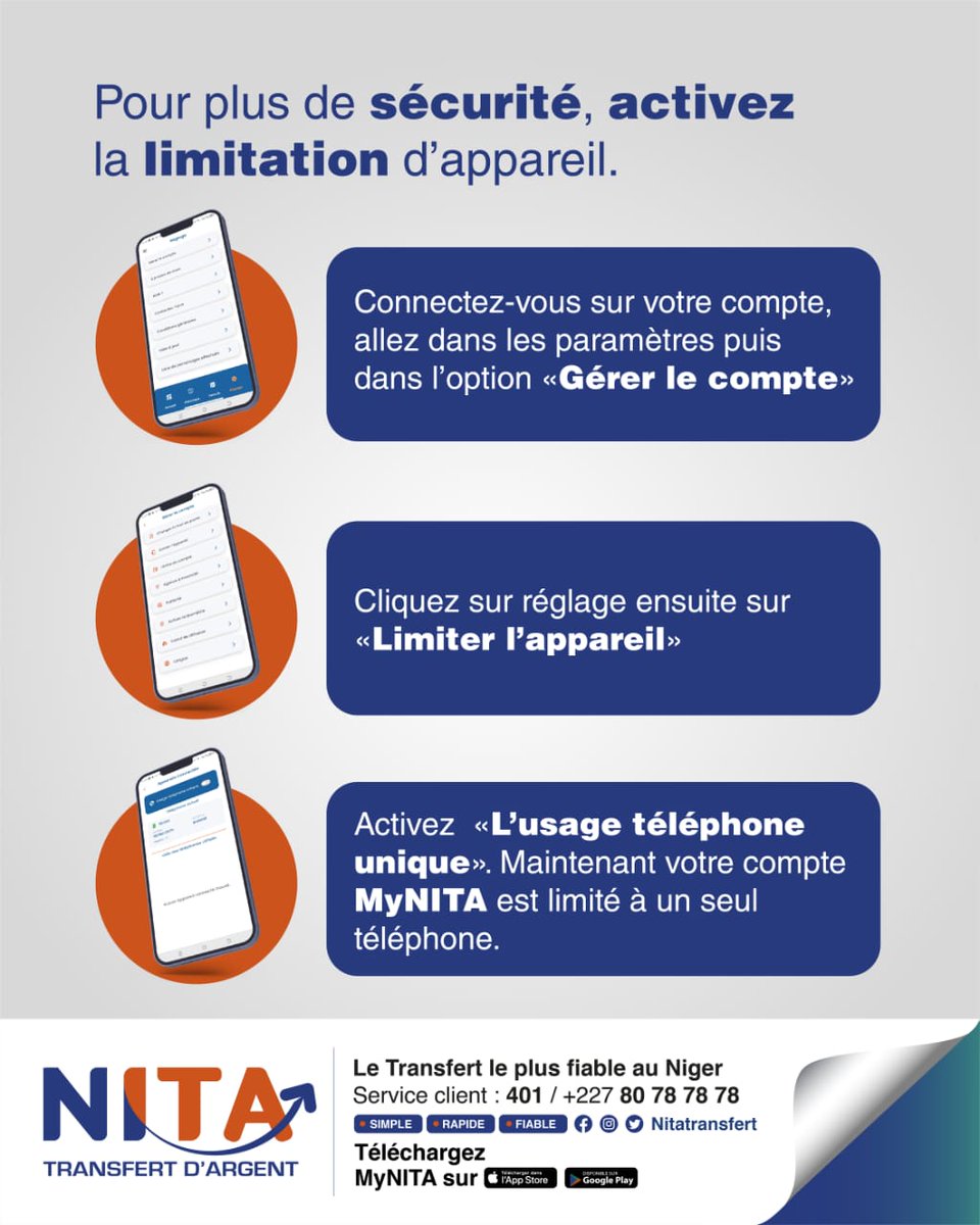 [#AstucesMyNITA] 🔵🟠

🔐La sécurité de votre compte MyNITA est une priorité pour nous ! 

Vérifiez dans vos paramètres et activez l’usage téléphone unique pour limiter l’accès à un seul appareil.

Mettez à jour ou téléchargez l'application MyNITA sur Playstore ou AppStore.
