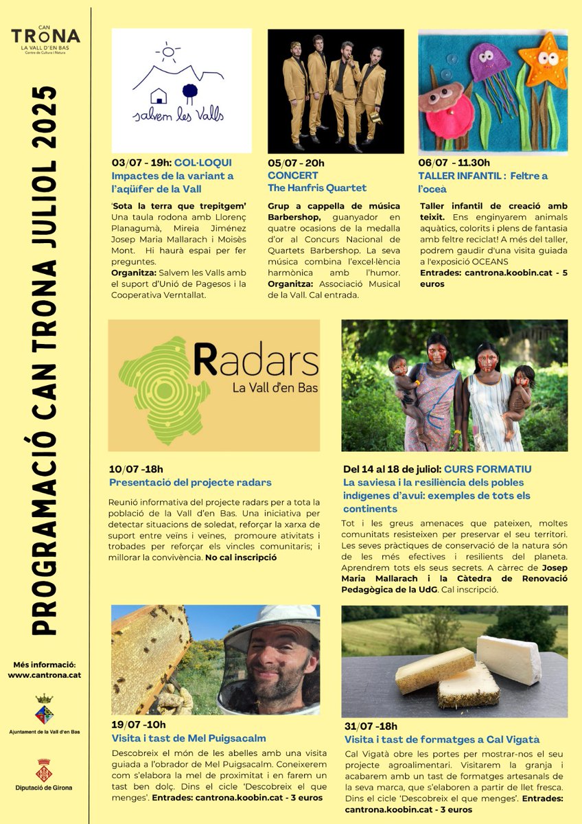 Ja tenim el mes de juliol aquí, i també la nova programació de Can Trona!

Aquest mes tindrem col·loquis, concerts, tallers infantils, presentacions i tastos de producte local!
Podreu trobar la informació de les activitats a la pàgina web: cantrona.cat