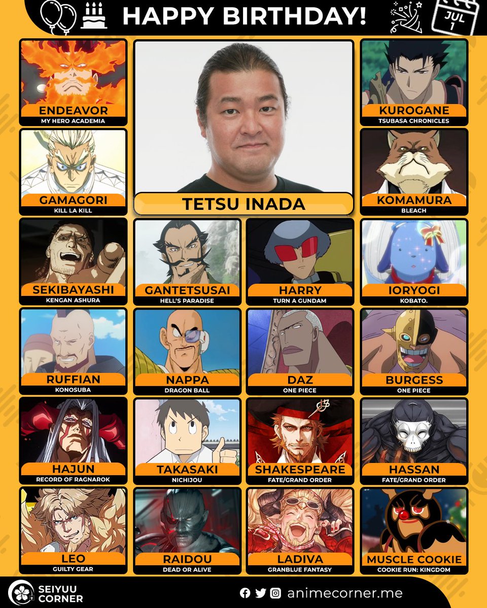 seiyuucorner's tweet photo. Happy 53rd birthday Tetsu Inada! 🎉
Let's wish him all the best @trombe_boss
#TetsuInada #稲田徹 https://t.co/aVAg1O3doF