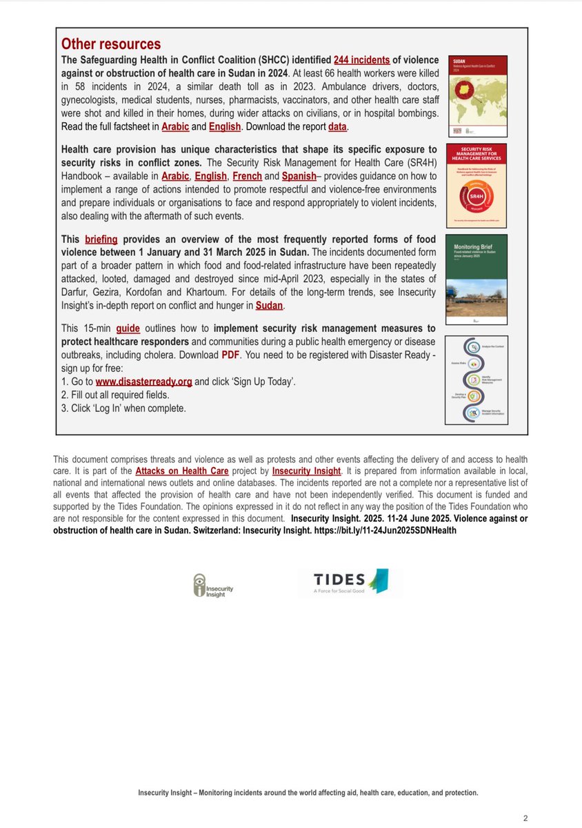 💔💔 منظمة Insecurity Insight السويسرية تعكس الهجمات على القطاع الصحي في السودان بسبب الحرب.
- الاثنين 30 يونيو 2025

▪️ وقوع 621 هجومًا على نظام الرعاية الصحية في #السودان منذ اندلاع القتال بين #القوات_المسلحة_السودانية وقوات #الدعم_السريع في أبريل 2023 وحتى 21 مايو 2025.

▪️