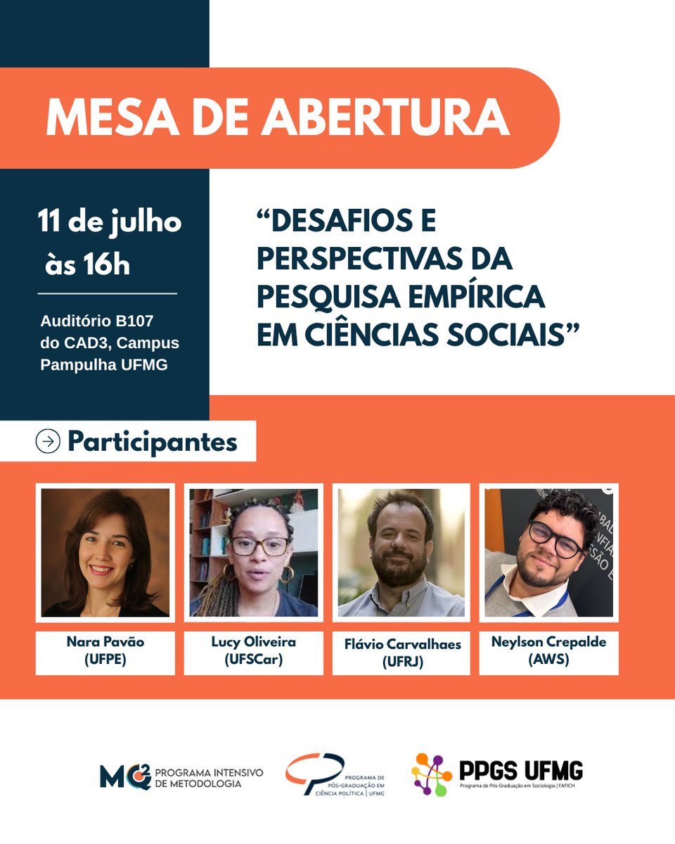 MQ_UFMG's tweet photo. 📢 Mesa de Abertura do MQ² 2025

📅 11/07 – 16h
📍 Auditório B107, CAD3, UFMG – Campus Pampulha

🧠 Nara Pavão (UFPE) 
📚 Lucy Oliveira (UFSCar) 
📊 Flávio Carvalhaes (UFRJ)
🤖 Neylson Crepalde (AWS) 

Não Perca! https://t.co/UKAxEUB5fM