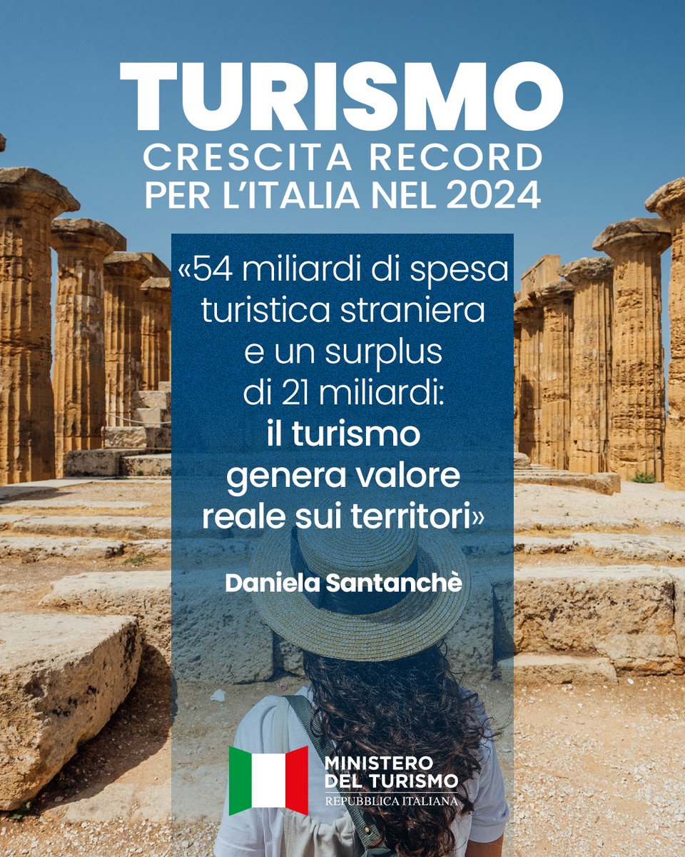 Ministero del Turismo (@mturismoitalia) on Twitter photo Nel 2024 spesa turistica straniera oltre 54 mld €, +5% sul 2023. "Il turismo genera valore reale sui territori." Così il ministro <a href="/DSantanche/">Daniela Santanchè</a> sui dati <a href="/bancaditalia/">Banca d'Italia</a> Nel 2024 spesa turistica straniera oltre 54 mld €, +5% sul 2023. "Il turismo genera valore reale sui territori." Così il ministro <a href="/DSantanche/">Daniela Santanchè</a> sui dati <a href="/bancaditalia/">Banca d'Italia</a>