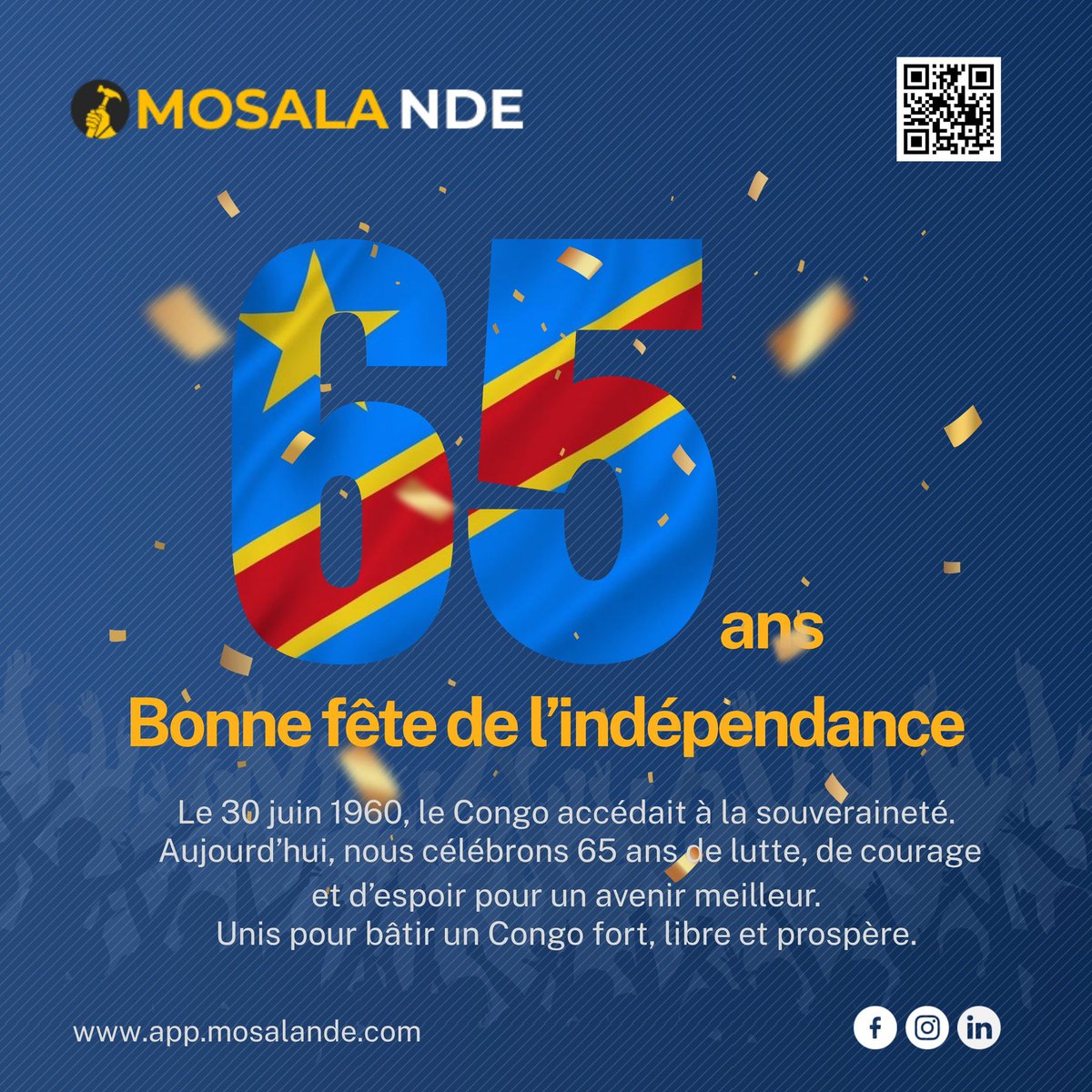 Mosalandeapp's tweet photo. 🇨🇩 Il y a 65 ans, la RDC devenait indépendante.
Aujourd’hui, nous honorons ce tournant historique et rendons hommage à ceux qui ont rêvé d’un Congo libre et souverain.
Continuons à construire ensemble un avenir à la hauteur de notre histoire.
#30Juin #IndépendanceRDC #RDC65Ans https://t.co/ROkbGM8Hdh