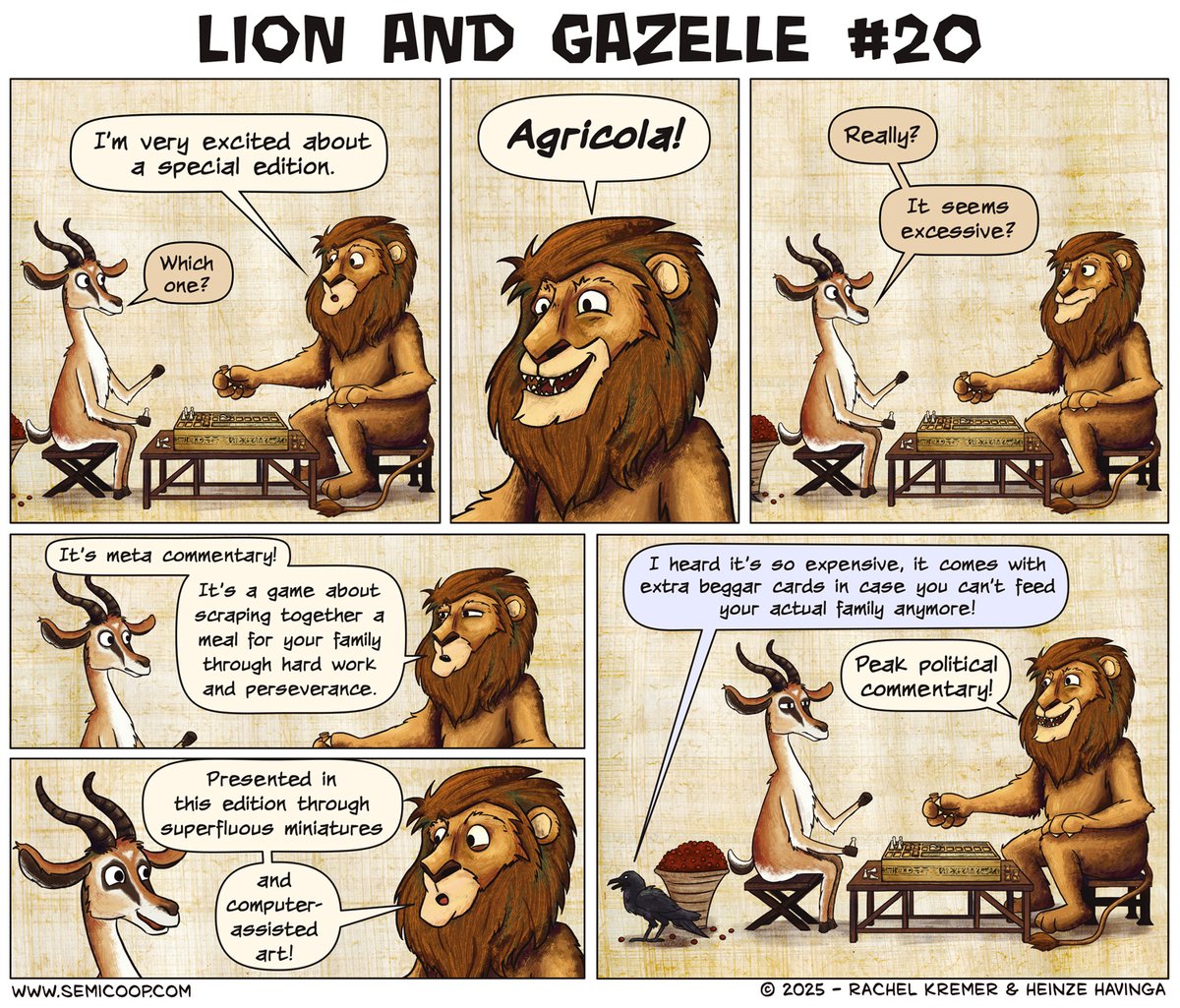 semicoop's tweet image. New comic! 🦁🦌 Lion and Gazelle are back - and Lion has thoughts about the Agricola special edition. Is it brilliant meta commentary or just peak absurdity?
You can read this week's blog post here
semicoop.com/comic/lion-and…