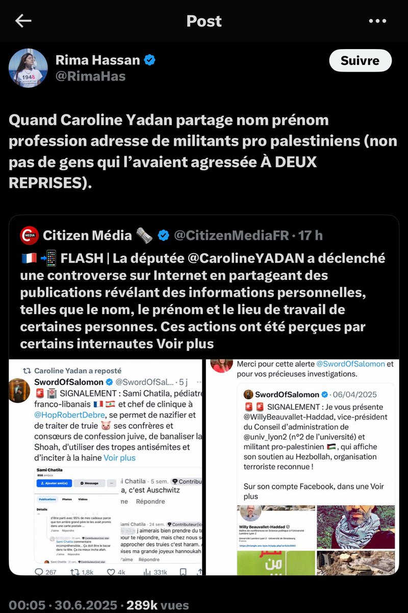 SwordOfSalomon's tweet photo. Depuis le 7 octobre, moi, simple militant, j’ai exposé une centaine d’antisémites : identité, visage, ville. Jamais un seul n’a couru le moindre risque pour sa vie. Seules la réputation et la carrière professionnelle étaient visées.

Toi, députée, tu publies des adresses exactes, des numéros de téléphone. Et chacune de tes cibles encourt un danger réel : des centaines de menaces de mort, visant aussi les proches. Tentatives de passage à l’acte. Et ce week-end, un premier passage à l’acte criminel, en ton nom.

Moi, je ne suis personne. Toi, tu es une élue censée représenter un pays que tu rêves de faire sombrer dans le chaos.

Rima, ta panique est légitime. Ton dossier s’est gravement alourdi ces dernières heures. La justice finira par passer. Sois-en sûre.