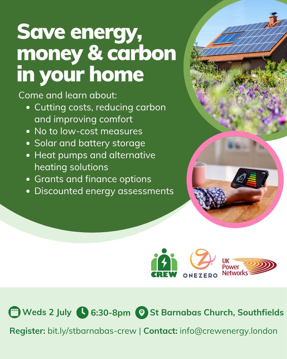 CREWEnergyLDN's tweet image. Join us on Weds for a FREE energy efficiency event at St Barnabas Church in Southfields!
We'll be sharing affordable ways to:
✅ Cut energy costs
✅ Reduce your carbon footprint
✅ Boost comfort in your home year round
Register here: buytickets.at/crewenergy/171…
📅 2 July, 6:30-8pm