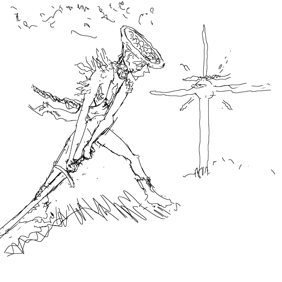 soul_shrine's tweet image. lame ass sketch of a mycelium warrior of the failed fungal district, basking in the weak light of the artificial sun to the south.