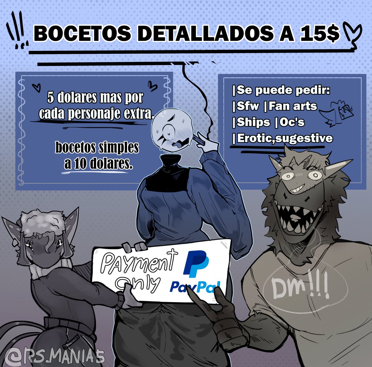 RSMANIA5's tweet image. 🪃-OFERTON-🪃🚨
Sketches at $15.00💵
“NOT ALLOWED”:
-Minors
-Fetishes related to the digestive system
-Ntr
-Eroguro/Gore- in sexual or fetish settings.
---
any extra doubt consult it in the dm, I'm here to answer them.
-paypal payment only-