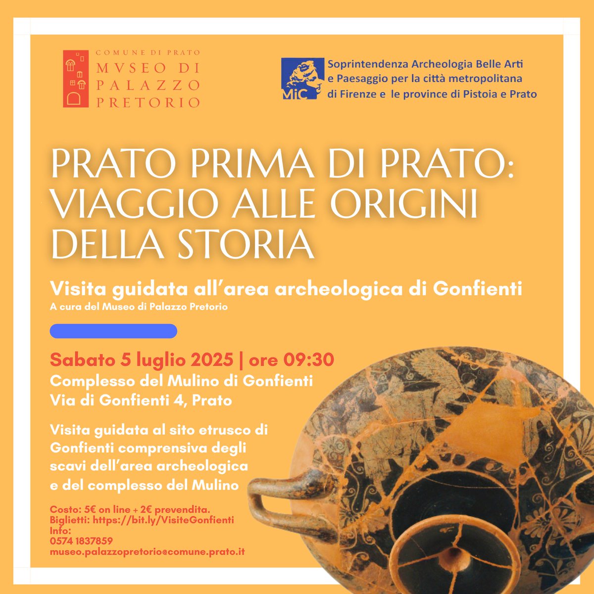 Sabato 5 luglio alle 9:30 in programma una visita guidata al sito etrusco di Gonfienti, e al complesso del Mulino. 
🔗 Biglietti ➡ bit.ly/VisiteGonfienti
🎫5 euro + 2 prevendita
ℹ Info: 0574 1837859 | museo.palazzopretorio@comune.prato.it
#Etruschi #Storia