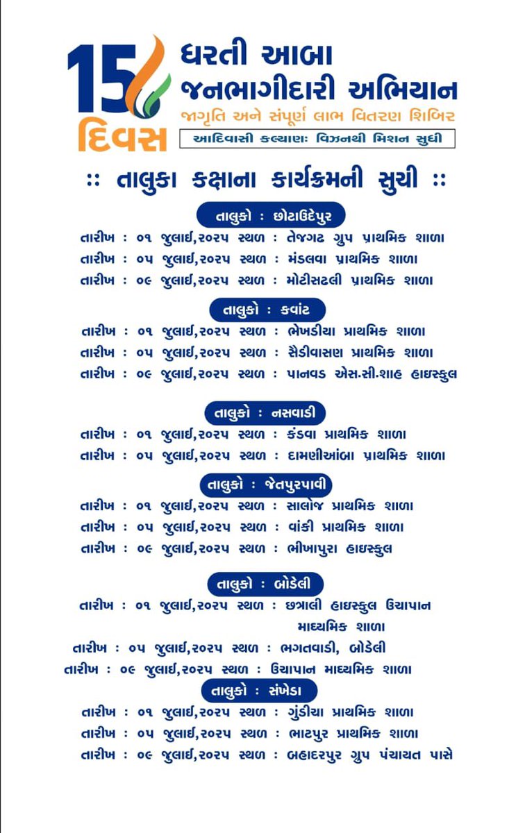 Kalpesh_IAS's tweet photo. જેથી છોટાઉદેપુર જિલ્લાના તમામ આદિજાતિ બંધુઓ ને તેમના નજીકના ગામમાં યોજાનાર ધરતી આબા જનભાગીદારી કેમ્પમાં આવી તમામ યોજનાઓનો લાભ મેળવવા જિલ્લા વહીવટી તંત્ર છોટાઉદેપુર દ્વારા સાદર નિમંત્રણ છે. જય જોહાર.

@TribalAffairsIn
@collectorcu 

#DhartiAabaAbhiyan
#JanjjatiyaGauravVarsh https://t.co/cbjIpXZMhU