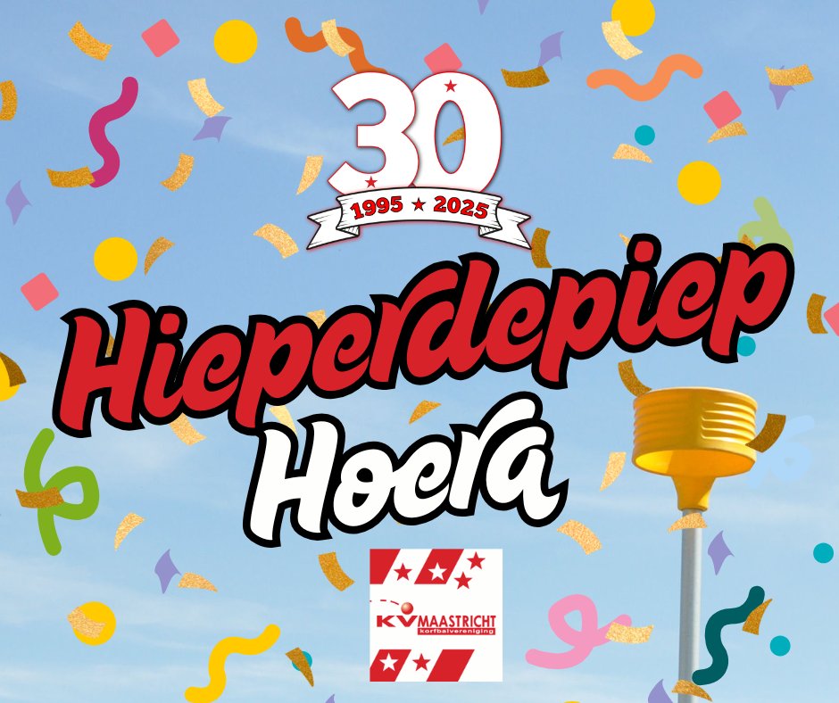 🎉Hieperdepiep hoera KV Maastricht is nu officieel 30 jaar! Op 30 juni 1995 is onze club opgericht en dat mooie jubileum gaan we natuurlijk vieren. Op zaterdag 23 aug zijn alle (oud)leden, supporters en andere belangstellenden van harte welkom. Meer  info: kvmst.nl/jubileum
