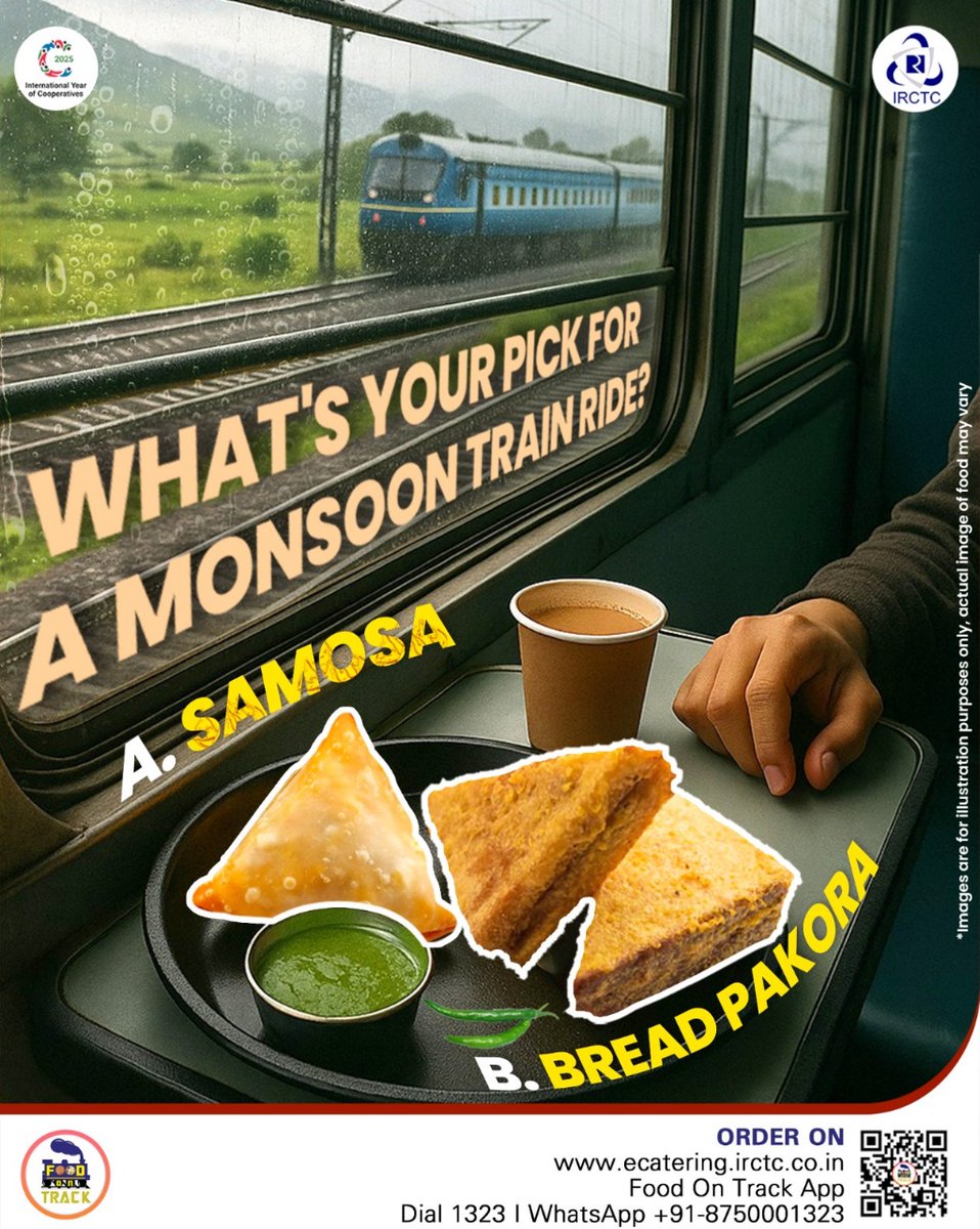What's your ultimate monsoon train snack: the classic Samosa or crispy Bread Pakora? Settle the debate by ordering your rainy-day pick with IRCTC eCatering via ecatering.irctc.co.in, Food On Track app, 📞1323, or WhatsApp +91-8750001323.