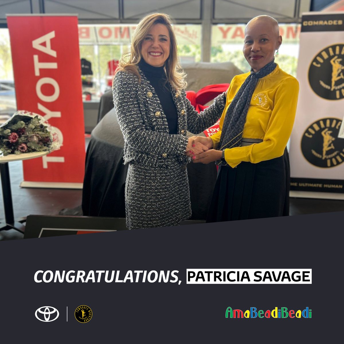 ToyotaSA's tweet image. Congratulations to the winner! 🎉👏 Patricia Savage won a brand-new Corolla Cross in the #Comrades2025  Amabeadibeadi competition. Halfway Toyota Fourways handed her the keys, ready to hit the road.
#FilledWithLife #Comrades2025