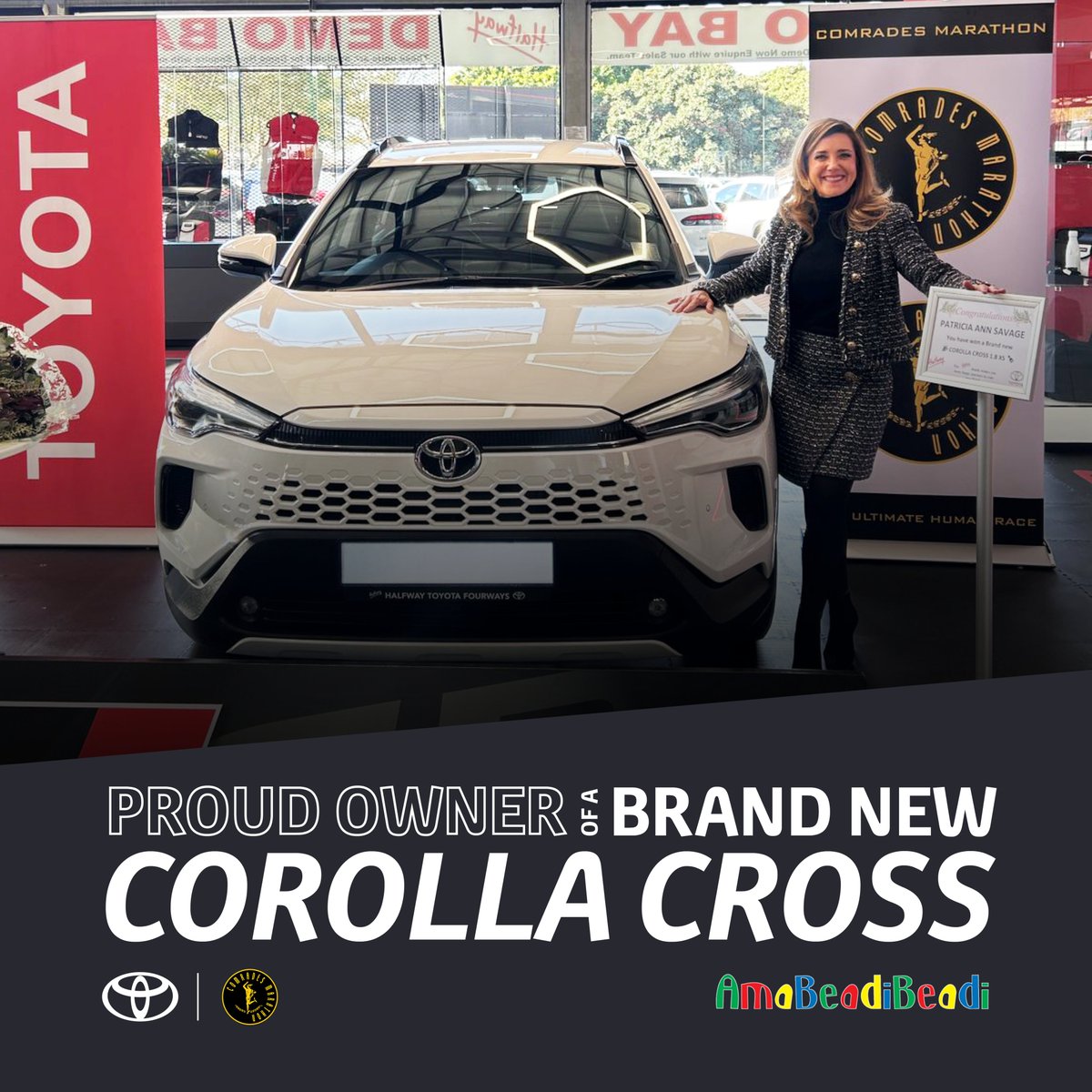 ToyotaSA's tweet image. Congratulations to the winner! 🎉👏 Patricia Savage won a brand-new Corolla Cross in the #Comrades2025  Amabeadibeadi competition. Halfway Toyota Fourways handed her the keys, ready to hit the road.
#FilledWithLife #Comrades2025