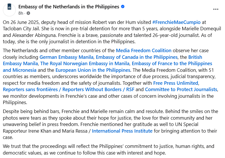 MediaFreedomC's tweet image. On 26 June, the Deputy Head of Mission of the Embassy of the Netherlands to the Philippines, Robert van der Hum, was able to visit detained journalist Frenchie Mae Cumpio.
Ms. Cumpio has been in pre-trial detention for more than 5 years.👇facebook.com/NLinPhilippine…