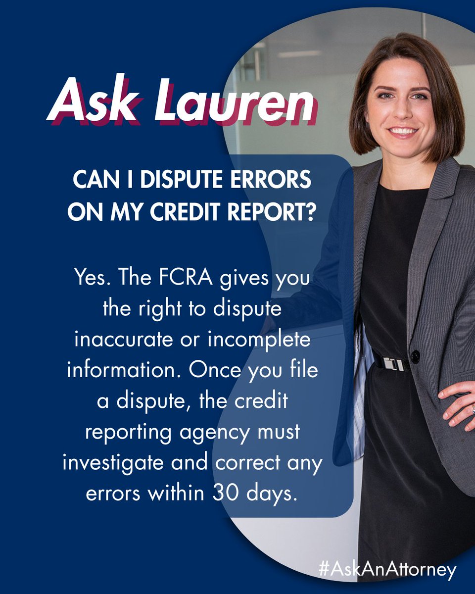 ConsumerLawCRP's tweet photo. Can I dispute errors on my credit report?
Yes. The FCRA gives you the right to dispute inaccurate or incomplete information. Once you file a dispute, the credit reporting agency must investigate and correct any errors within 30 days.
#consumerattorneys #consumerlawfirm #fcra https://t.co/wDPXeQJvuV
