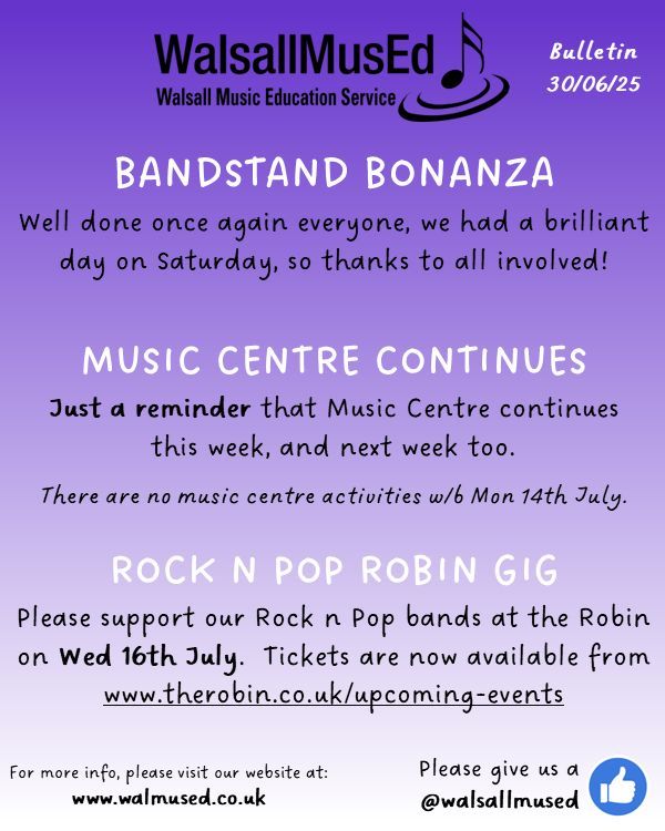 Just a reminder all Music Centre activities are happening this week &amp; next week! 😀