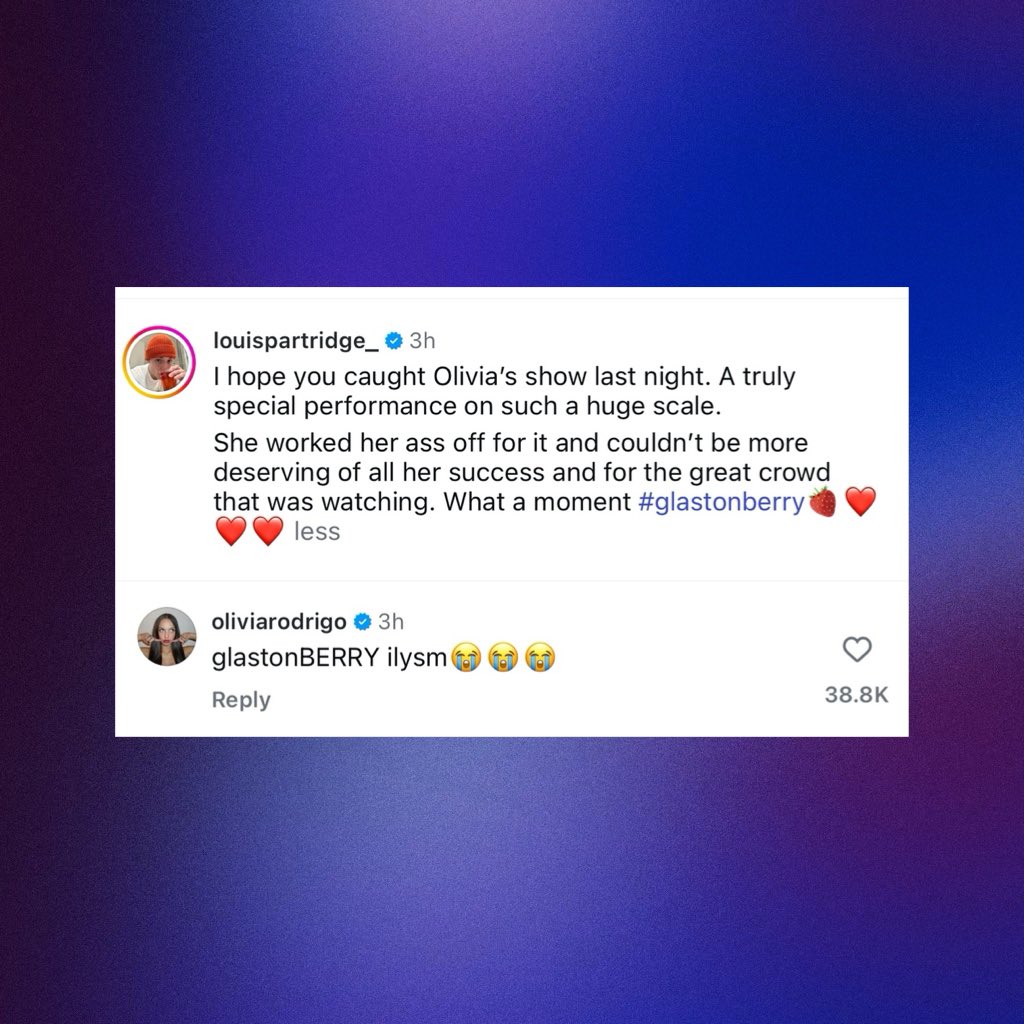 PopBase's tweet photo. Louis Partridge dedicates post to Olivia Rodrigo following her Glastonbury set:

“She worked her ass off for it and couldn’t be more deserving of all her success and for the great crowd that was watching.” https://t.co/yJVBvhMYFE