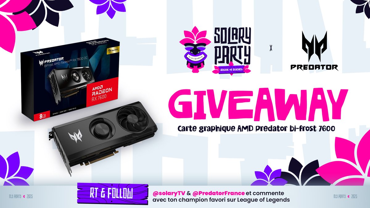 Predator nous accompagnent depuis le début des Solary Party et ils vous régalent une nouvelle fois avec un giveaway d'une Carte Graphique dernière génération !

Pour participer :
✅ Follow <a href="/PredatorFrance/">Predator Gaming 🇫🇷</a> &amp; <a href="/SolaryTV/">Solary</a> 
✅ RT et commente avec ton champion favori sur League