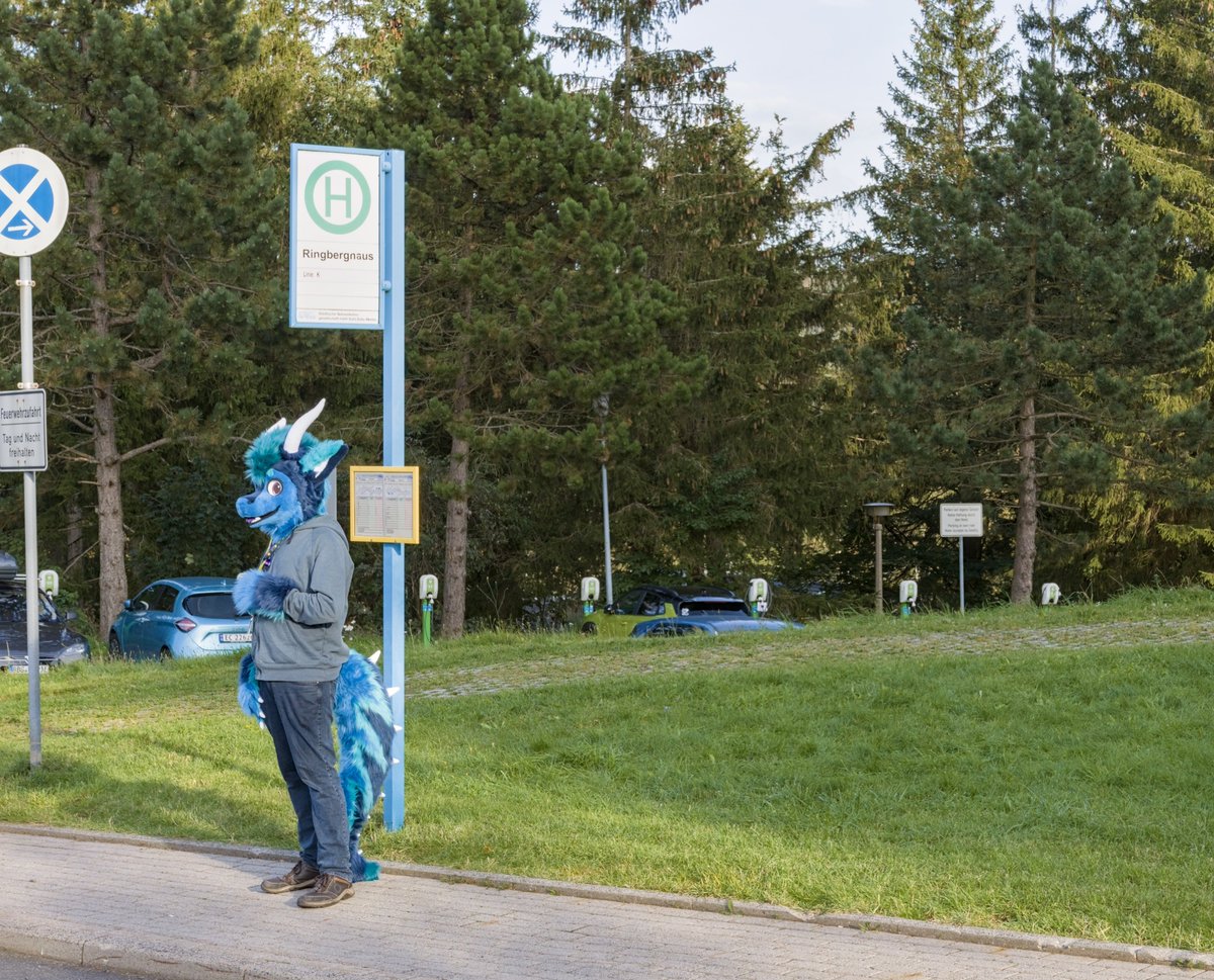 Nimm den ÖPNV, haben sie gesagt, der kommt pünktlich... 🙄
Zumindest ist #FursuitFriday ☺️

🐉: <a href="/Tyerell32/">Tyerell</a>
📷: @That_fox_nicky
🌍: #EAST11
