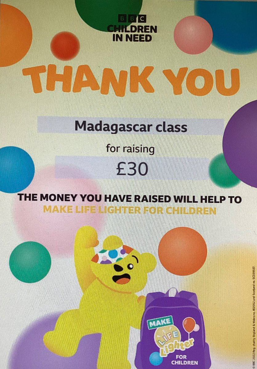 Madagascar Class Fundraiser
 
On Friday, students in Madagascar Class held a Pick and Mix stall as part of their fundraising initiative.
 
Thanks to their hard work, they raised funds and were able to make a £30 donation to Children in Need.
 
What a fantastic effort!!
