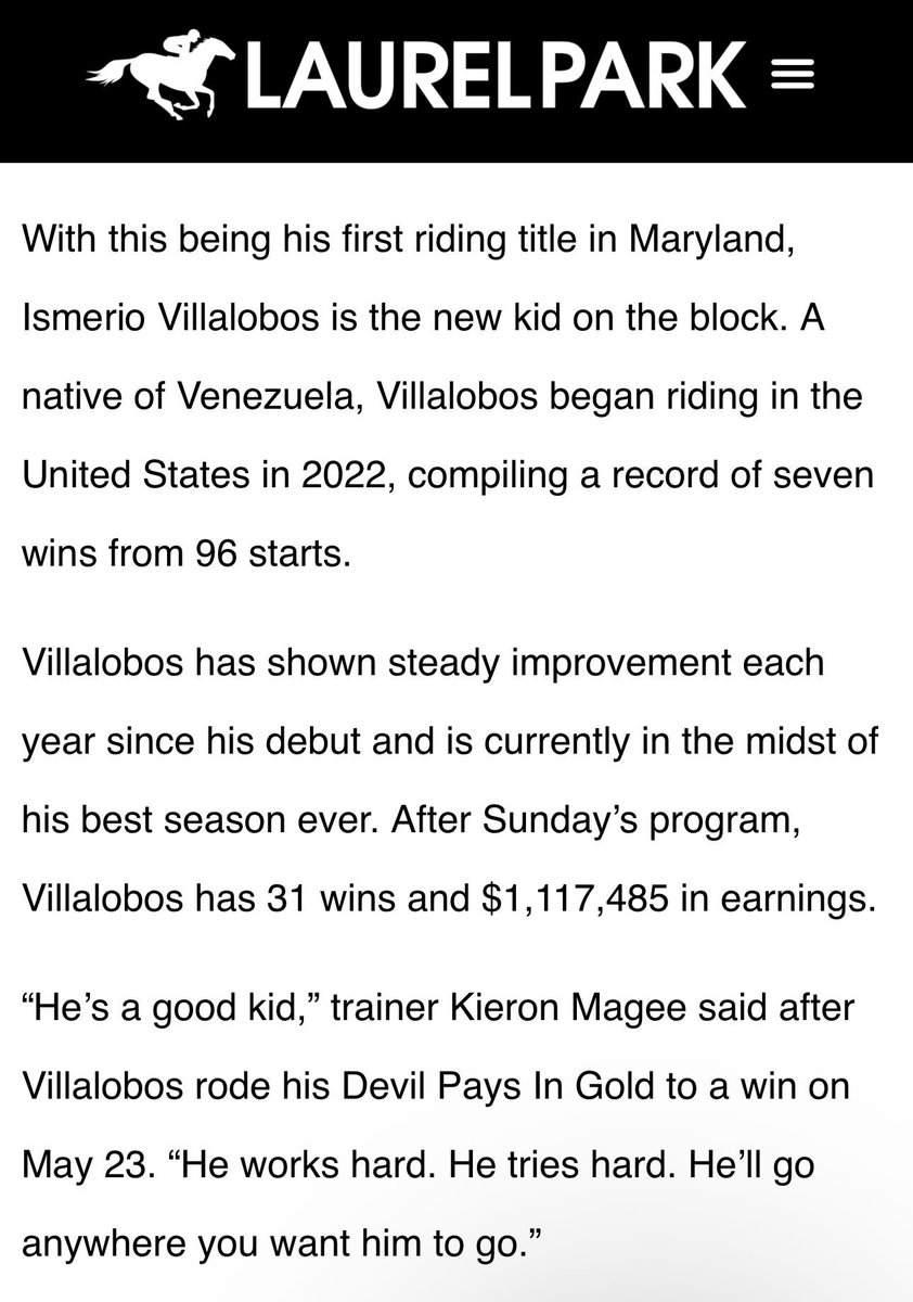 Felicidades al jockey venezolano Ismerio Villalobos por su primer Título en el hipódromo de Laurel Park empatado La estadística con 3 jockey más! Que digan Los triunfos hermano, bien merecido <a href="/IsmerioV/">Ismerio Villalobos</a> 🇻🇪❤️🎊🎉🏇