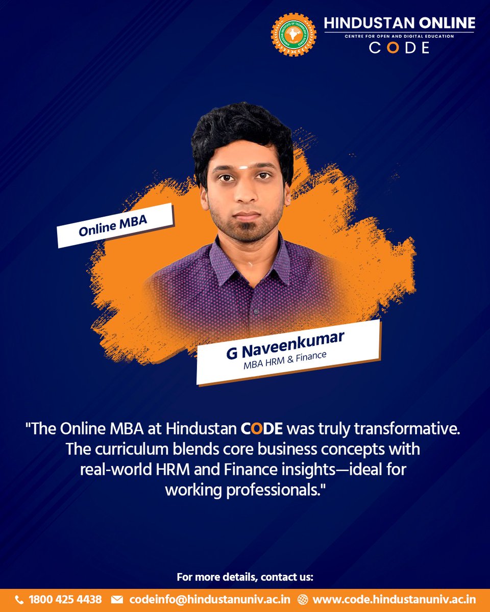 Unlock your potential like G Naveenkumar! The Online MBA at Hindustan CODE blends practical HRM &amp; Finance insights with flexible learning—perfect for working professionals aiming higher.

#MBA #StudentTestimonials #OurStudentsSpeak #StudyWithCODE #OnlineLearning #OnlineMBA