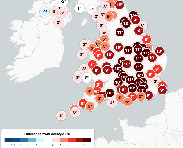 Wide areas of the UK are currently 10-12°C above normal for the time of day and time of the year.  

Updated every hour: istheukhotrightnow.com