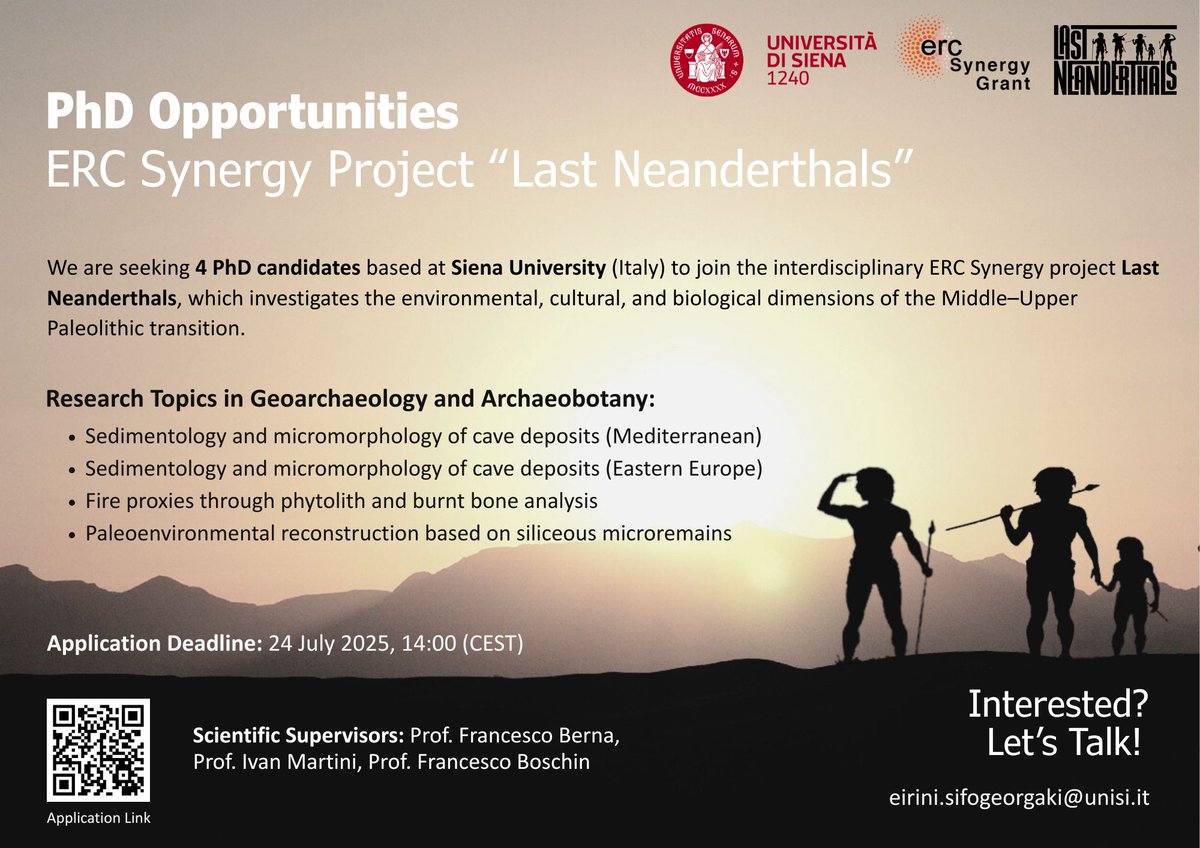 Irini Sifogeorgaki (@sifogeoarch) on Twitter photo 📢 Please retweet!
We’re hiring 4 fully funded PhD students for the ERC Synergy project Last Neanderthals on Geoarchaeology, Sedimentology, Archaeobotany, Fire Proxies at key Neanderthal–H. sapiens sites. 🧑🔬🗿🔥 <a href="/URPA_unisi/">UR Preistoria e Antropologia - Unisi</a> <a href="/SienaUniversity/">SienaUniversity</a> 📢 Please retweet!
We’re hiring 4 fully funded PhD students for the ERC Synergy project Last Neanderthals on Geoarchaeology, Sedimentology, Archaeobotany, Fire Proxies at key Neanderthal–H. sapiens sites. 🧑🔬🗿🔥 <a href="/URPA_unisi/">UR Preistoria e Antropologia - Unisi</a> <a href="/SienaUniversity/">SienaUniversity</a>
