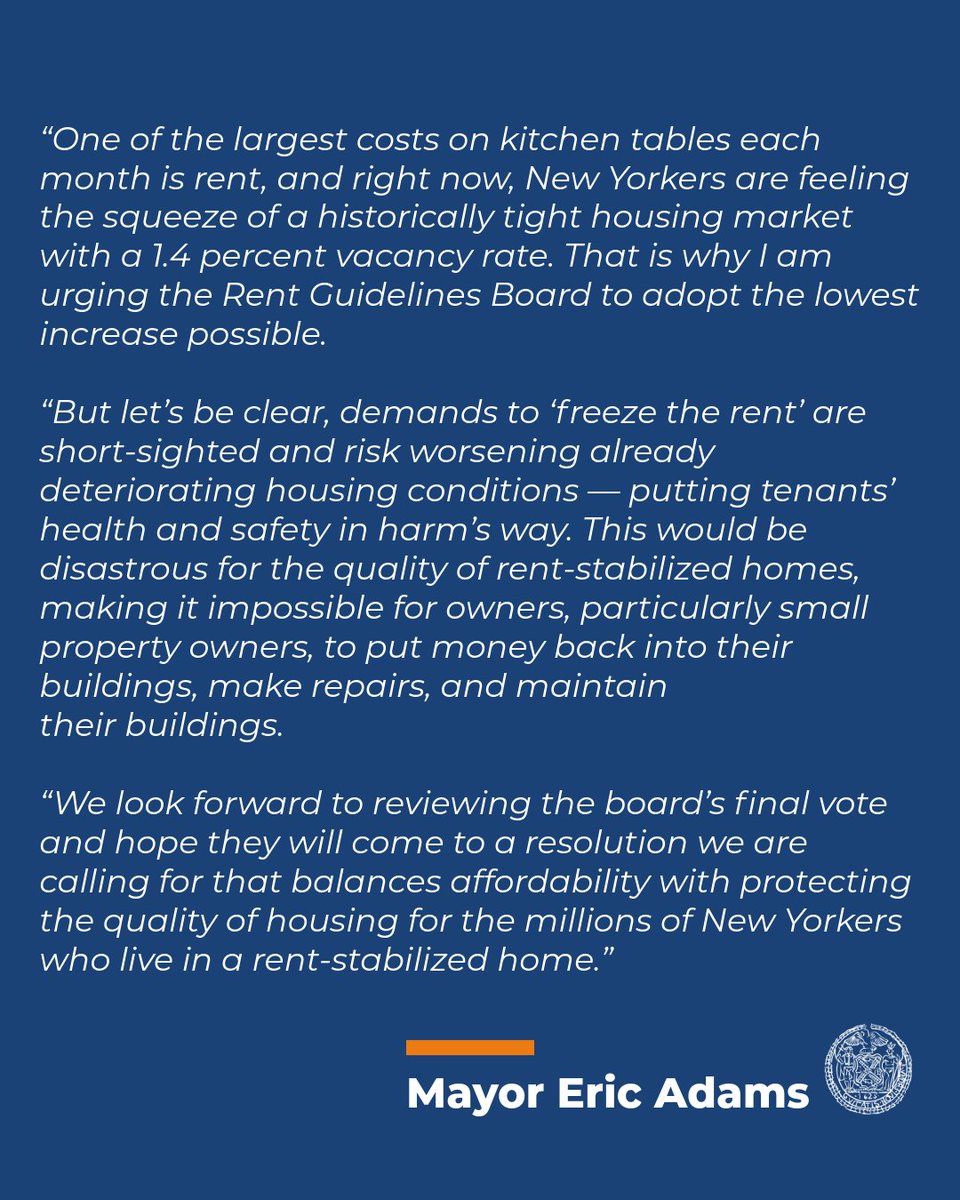 NYCMayor's tweet photo. Why I’m urging the Rent Guidelines Board to adopt the lowest increase possible while protecting the quality of housing for the millions of New Yorkers who live in a rent-stabilized home: https://t.co/z7vLyPrSn7
