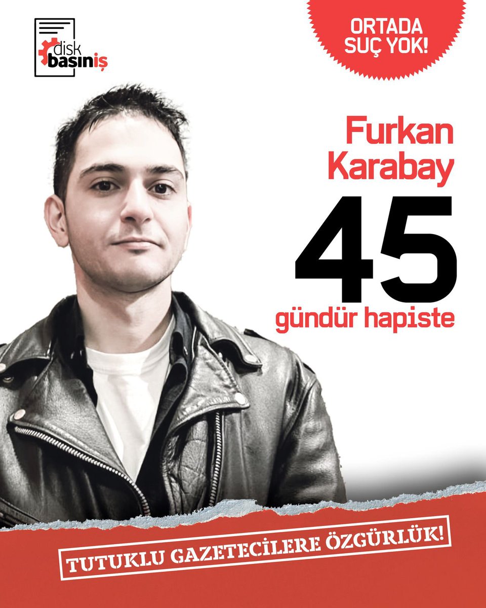 DİSK Basın-İş (@diskbasinis) on Twitter photo Üyemiz Furkan Karabay 4️⃣5️⃣ gündür tutuklu.
Furkan’ın tek “suçu” gazetecilik yapmak!
<a href="/frknkarabay/">Furkan Karabay</a> Üyemiz Furkan Karabay 4️⃣5️⃣ gündür tutuklu.
Furkan’ın tek “suçu” gazetecilik yapmak!
<a href="/frknkarabay/">Furkan Karabay</a>