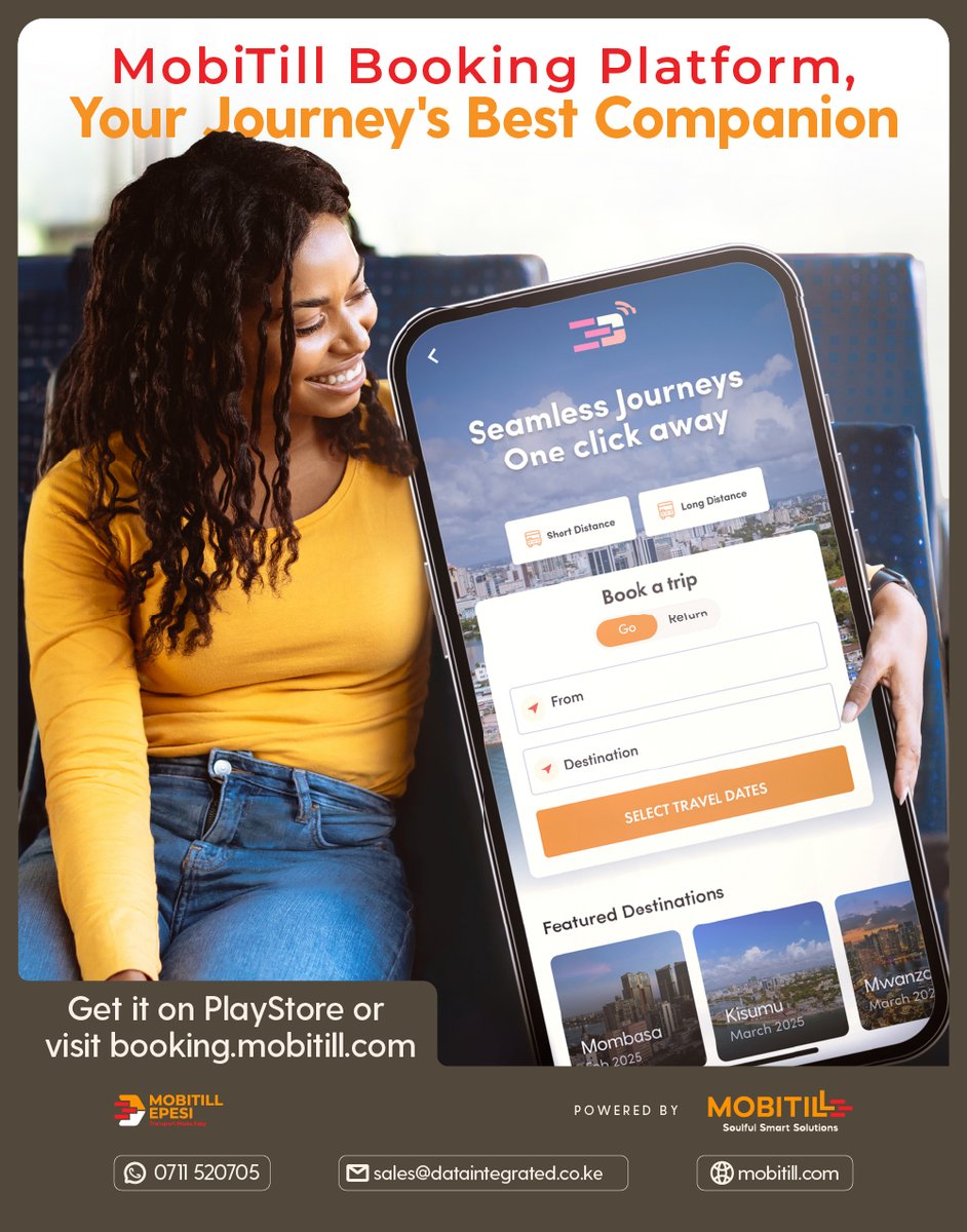 MobitillGroup's tweet photo. Plan. Pay. Travel. Your seat is just a tap away with the MobiTill Passenger App. No queues, no hassle—just smart, digital travel.
👉 https://t.co/Tbo7hS1a0d
#MobiTill #SmartTravel #MatatuBooking #KenyaTransport #TapToTravel #DigitalKenya #nairobi https://t.co/CsAyRx9jR2