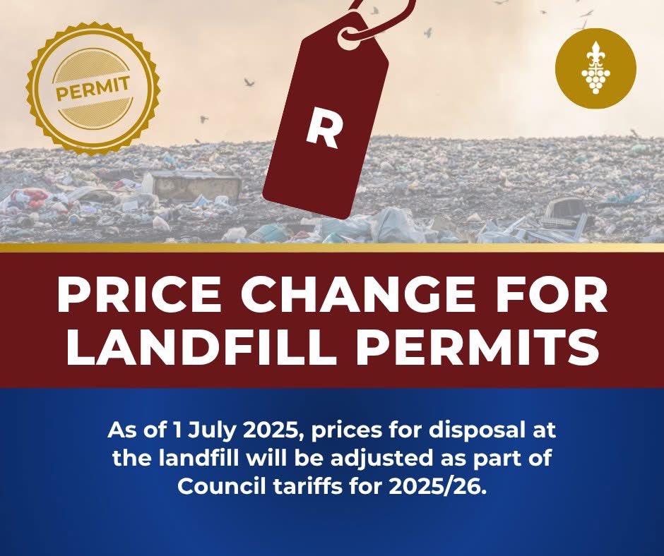 New landfill disposal tariffs take effect from 1 July 2025. Residents and businesses are encouraged to take note of the slight changes.

Please see the full notice and updated prices here:
stellenbosch.gov.za/download/price…