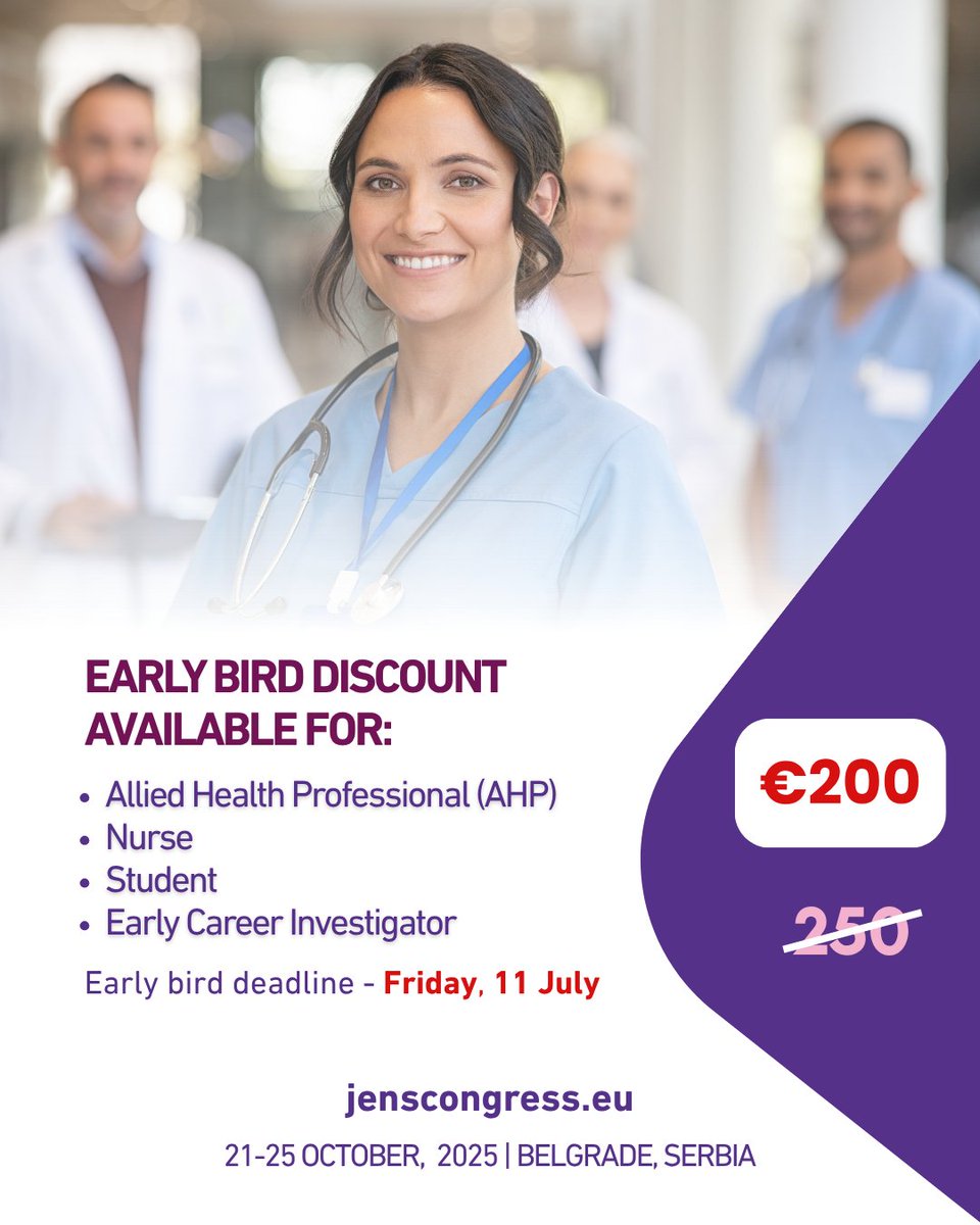 JENS_Congress's tweet image. Are you an #AHP, #nurse, #student or early career investigator? Secure your registration discount for #jenscongress 2025 before Friday, 11 July 2025!
Register now: 👉 bit.ly/jENS-REGISTRAT…
@ESPR_ESN @gfcni_newborn