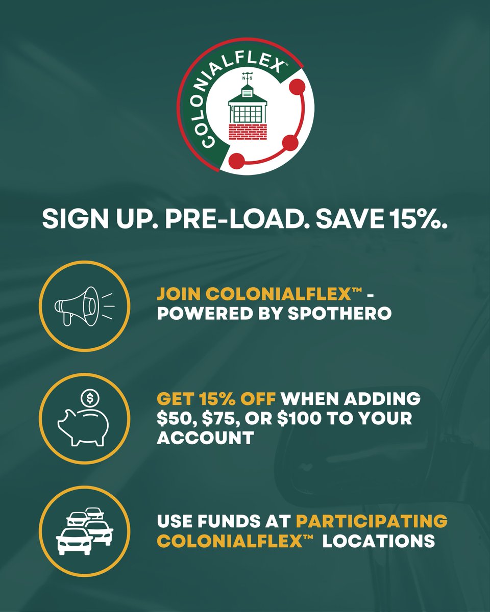 Sign up. Pre-load. Save 15%. It’s that simple.
✔️ Join ColonialFlex™, powered by <a href="/SpotHero/">SpotHero</a>
✔️ Get 15% off when adding $50, $75, or $100 to your account
✔️ Use funds at participating ColonialFlex™ locations

Start saving today: qr.link/Rb9Gsa
Monthly parking is excluded