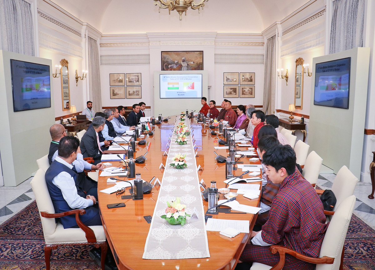 The 4th India-Bhutan Development Cooperation Talks of the 13th Five Year Plan of Bhutan were co-chaired by Foreign Secretary of Bhutan Aum Pema Choden and Secretary (West) Shri Tanmaya Lal.

They reviewed the full spectrum of 🇮🇳-🇧🇹development partnership towards realisation of
