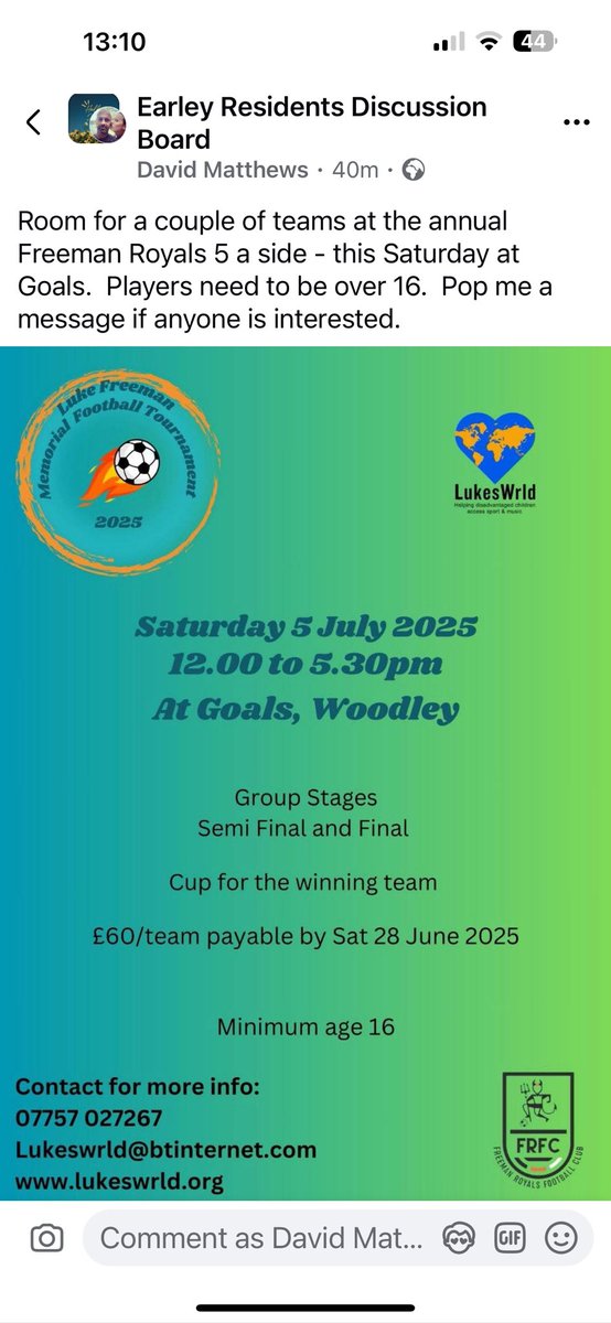 5 a side tournament at GOALS this Saturday.  Room for a couple more teams.  Pop us a message or text the number below.  <a href="/bracknellsunday/">Bracknell Sunday League</a>
