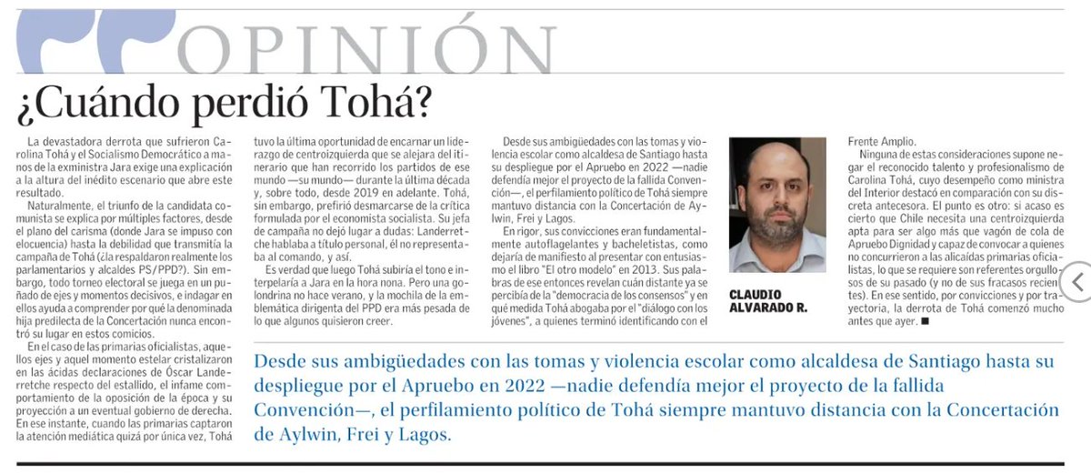 "¿Cuándo perdió Tohá?" Hoy en cuerpo C de El Mercurio