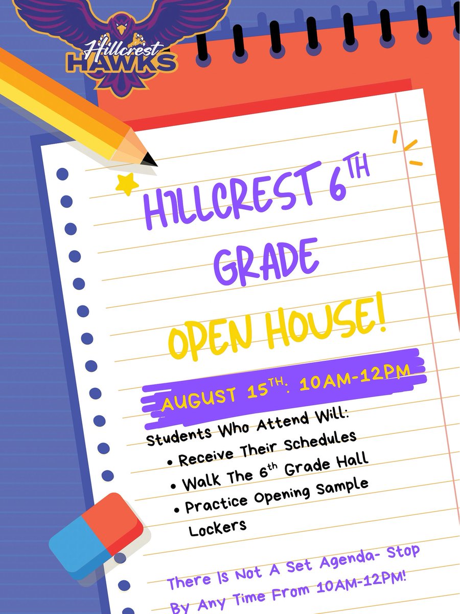 Attention incoming 6th grade students/families: save the date! On Friday August 15th we will be hosting an open house from 10AM-12PM.