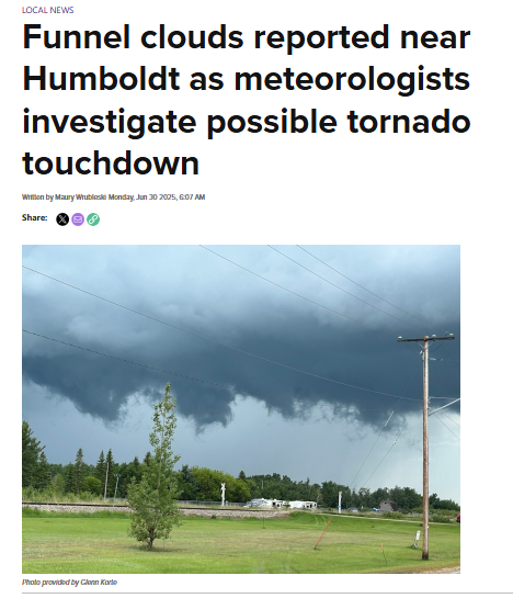 It was another weekend of active weather across east-central Saskatchewan, with multiple funnel clouds reported and Environment and Climate Change Canada (ECCC) currently investigating a possible tornado near Humboldt. 
Check out the gallery of photos on discoverhumboldt.