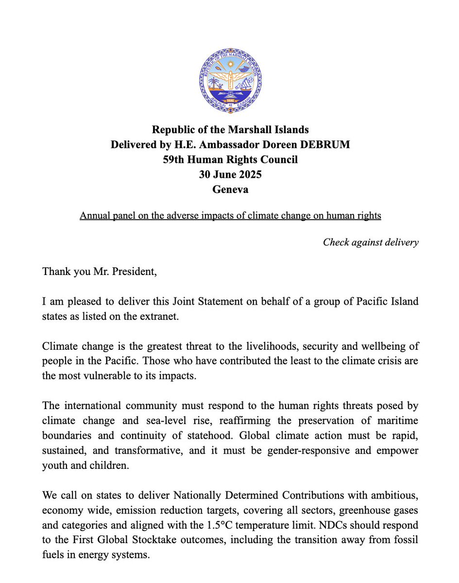 RMIGeneva's tweet image. During #HRC59 panel on the adverse impact of climate change on human rights, RMI delivered a statement on behalf of a group of Pacific Island States, calling on states to transition away from fossil fuels and deliver NDCs with ambitious, economy-wide, emission reduction targets.
